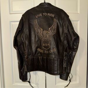 EUC Xelement Dark Brown Leather Biker Field Jacket Ride to Live, Live to Ride